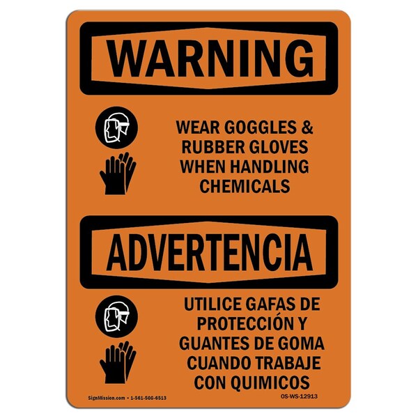 Signmission OSHA, Wear Goggles & Rubber Gloves Bilingual, 24in X 18in Rigid Plastic, 24" W, 18" H, Landscape OS-WS-P-1824-L-12913 - main